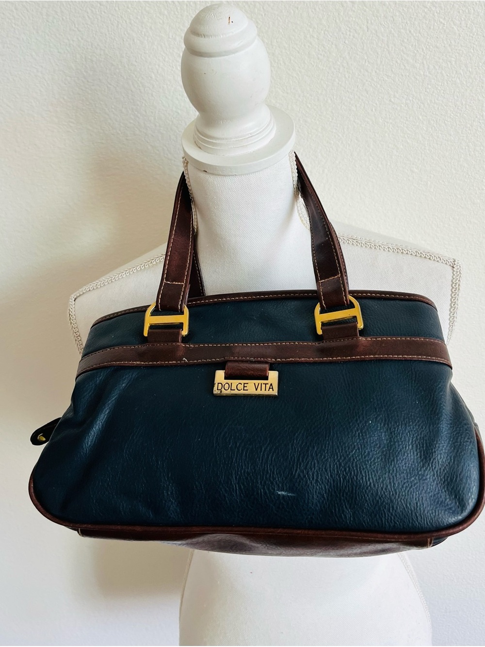 Dolce Vita Black and Brown Satchel with Gold Hardware